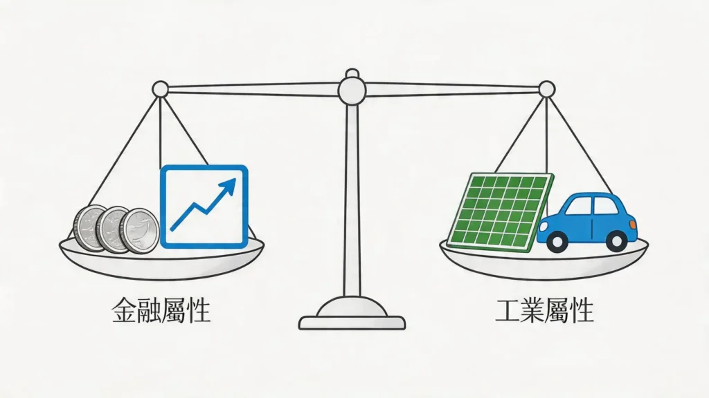 一張圖解釋白銀的雙重屬性：左邊是象徵金融投資的銀幣和圖表，右邊是代表工業需求的太陽能板和電動車，兩者處於平衡狀態。",caption:"白銀兼具金融與工業雙重屬性",desc:"使用概念示意圖，將白銀的「金融屬性」和「工業屬性」這兩個核心概念具象化，幫助讀者快速理解其獨特的投資價值。",image_id:"{{ $json.postid }}-1
