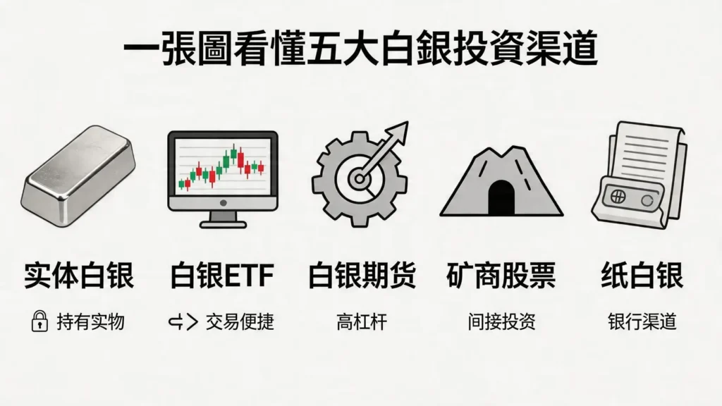 五種主流白銀投資渠道對比圖，包括實體白銀、白銀ETF、白銀期貨、白銀礦商股票和紙白銀的象徵圖標。",caption:"一張圖看懂五大白銀投資渠道",desc:"使用對比圖，將五種複雜的投資渠道（實體、ETF、期貨、股票、紙白銀）以圖標化的方式並列展示，讓讀者能直觀地比較它們的本質區別。",image_id:"{{ $json.postid }}-2