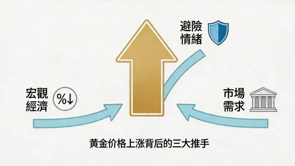 三大核心驅動力推動黃金ETF價格走高的概念圖，包含宏觀經濟、避險情緒和市場需求三個因素。",caption:"黄金价格上涨背后的三大推手",desc:"使用概念示意圖，將推動金價上漲的三個核心驅動因素（宏觀、避險、需求）具象化，幫助讀者一目了然地理解市場大背景。",image_id:"{{ $json.postid }}-1