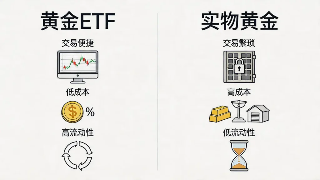 黄金ETF与实物黄金投资对比图，展示了两者在交易便捷性、成本和流动性上的核心差异。",caption:"黄金ETF vs. 实物黄金：现代投资与传统持有的核心差异",desc:"使用对比图，直观地展示黄金ETF相对于实物黄金在交易便捷性、投资成本、流动性和门槛上的核心优势，帮助读者快速理解其价值。",image_id:"{{ $json.postid }}-1